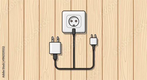 Electrical outlet on a wooden wall with two different plugs attached