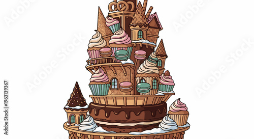 Elaborate edible confectionary castle adorned with swirls of frosting and baked goods