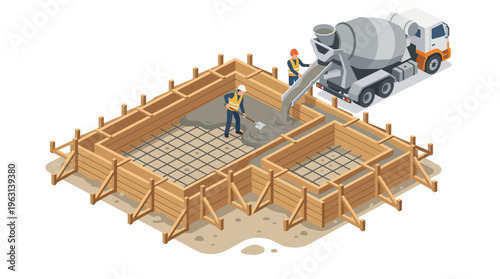 Isometric Construction Site with Concrete Mixer Truck Pouring Foundation and Workers Leveling Cement in Wooden Formwork