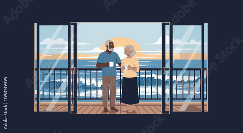 Elderly couple enjoying coffee on a balcony overlooking the ocean at sunrise