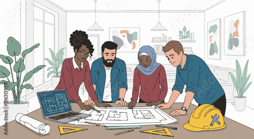 Diverse team collaborates on architectural plans with laptop and blueprints