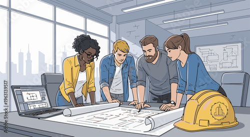 Diverse team of architects and engineers collaborate around a blueprint and laptop