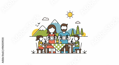 Family enjoying a picnic lunch outdoors with mountains and trees