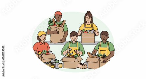 Diverse volunteers joyfully sort and pack groceries for a food drive