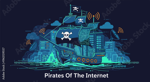 Digital pirate ship sailing cyber ocean with data streams and wifi signals