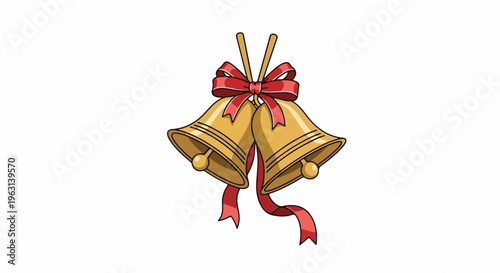 Festive golden bells with a red ribbon bow and streamers