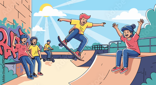 Diverse youth enjoy skateboarding and scootering at a sunny park