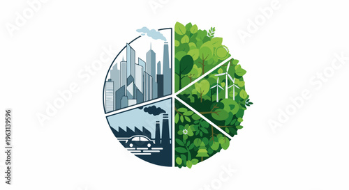 Divided circle illustrates city, industry, nature, and renewable energy sectors