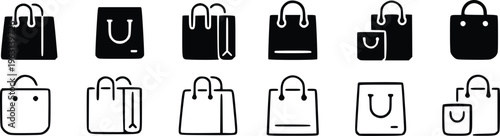 Shopping bag icon set. Paper market bag symbols. Purchase sign. E-Commerce and online shop. Flat and line style