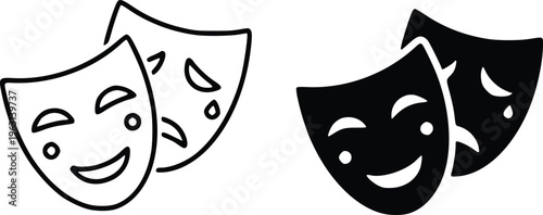 Theatrical masks icon. Comedy and tragedy theatrical masks icons. Comic and tragic mask. Masquerade collection. Happy and unhappy traditional symbol