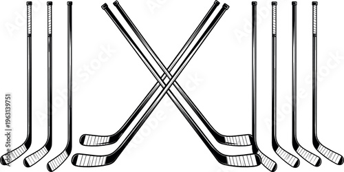 Crossed Ice Hockey Sticks Illustration in Black Line Art