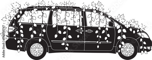 Black minivan covered in leaves vehicle