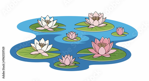 Delicate water lilies float peacefully on serene blue water