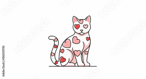 Cute white cat with pink and red hearts covering its body and eyes