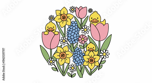 Cute yellow ducklings peek from vibrant spring flowers