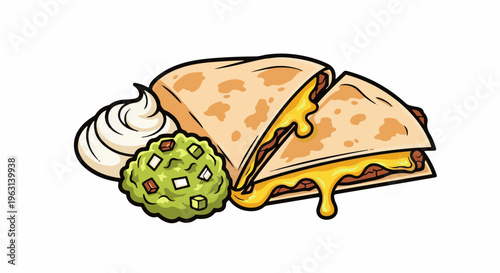 Delicious cartoon quesadilla with melted cheese, guacamole, and sour cream