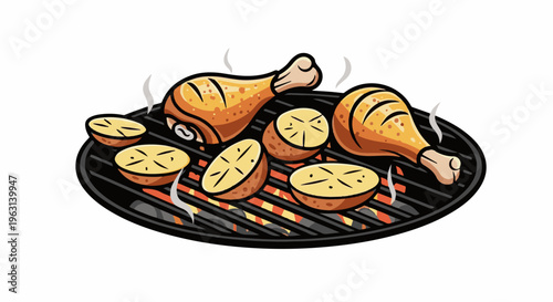 Delicious chicken legs and potato wedges sizzling on a hot grill