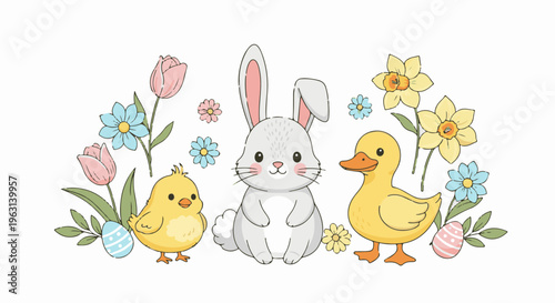 Cute cartoon bunny, chick and duckling surrounded by flowers and Easter eggs