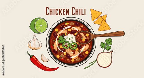 Delicious chicken chili served with assorted vegetables and chips