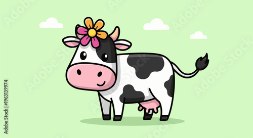 Cute cartoon cow with flower on head in a field