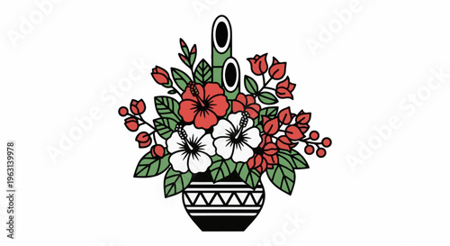 Decorated vase with bamboo and hibiscus flowers, red berries, and green leaves