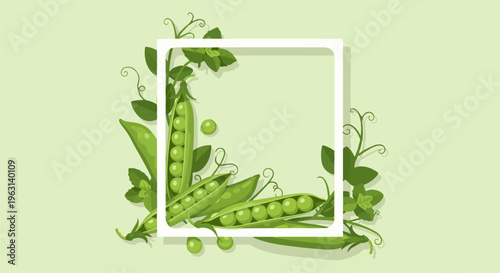 Decorative square frame adorned with open pea pods, leaves, and tendrils