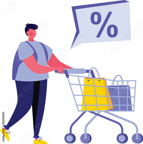 A person happily pushing a shopping cart filled with bags while a zero percent sign floats nearby