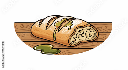 Delicious loaf of bread drizzled with green oil on a wooden surface