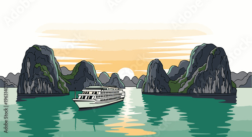 Cruise ship sailing through limestone karsts at sunset