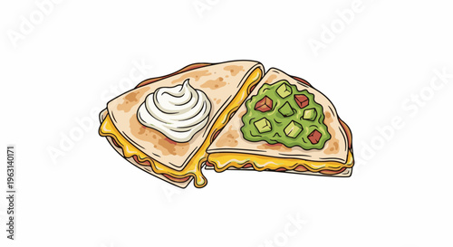 Delicious quesadillas, one topped with sour cream, other with guacamole
