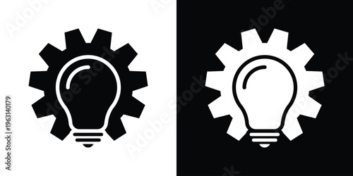Creative concept icon featuring a lightbulb inside a mechanical gear. Represents innovation, technical thinking, engineering ideas, and industrial problem-solving solutions.