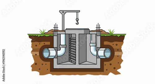 Cross-section diagram of underground drainage system with pipes and concrete structure