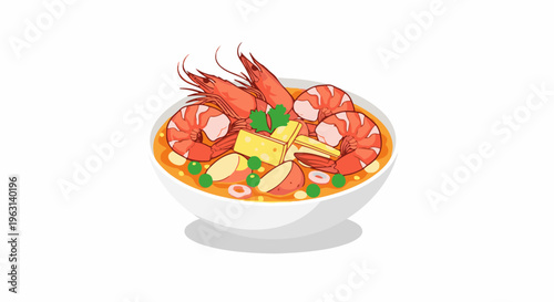 Delicious soup with shrimp, potatoes, peas, and cheese