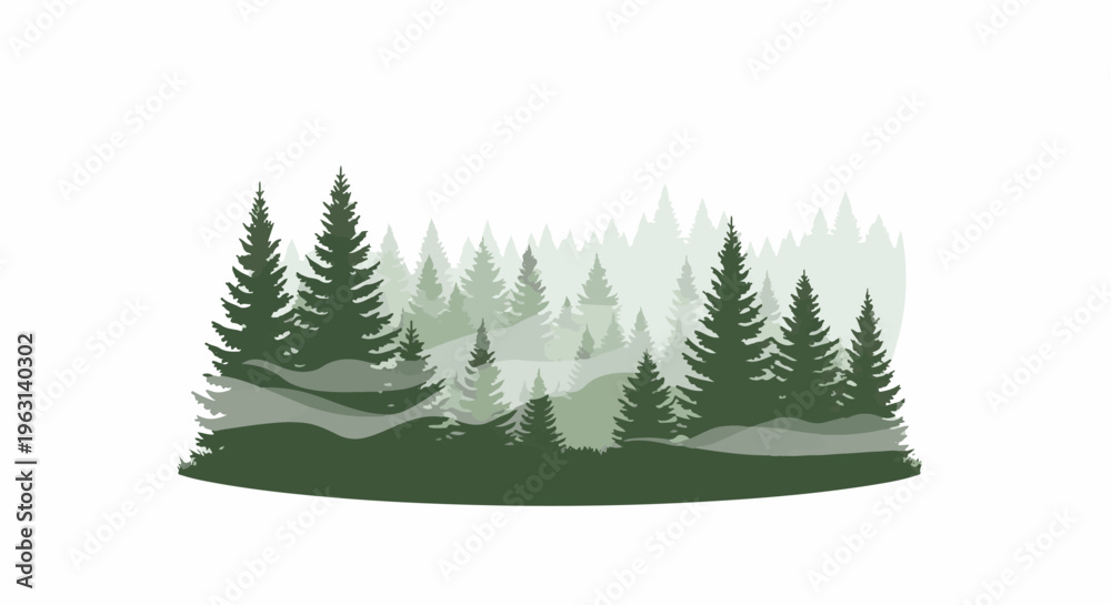 Fototapeta premium Dense forest silhouette with layered pine trees in varying shades of green
