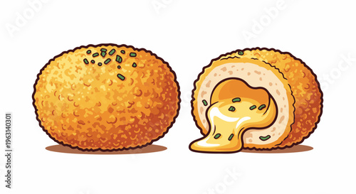 Crispy golden spheres, one whole, one sliced revealing a molten cheese filling