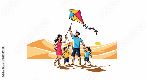 Family flies a colorful kite on a sunny day over sand dunes