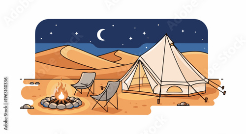 Desert campsite at night with a tent, campfire, and chairs under stars