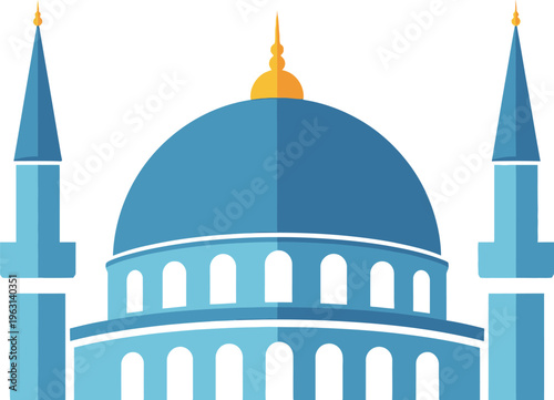 Blue mosque illustration with large dome and minarets isolated on white background. Flat vector design of an Islamic building with arched windows and gold finials. Concept for Ramadan, Eid, Hajj