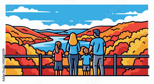 Family enjoys scenic autumn view of lake and colorful hills