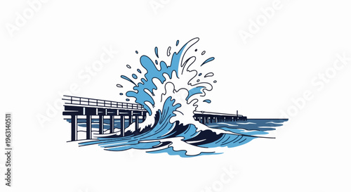 Crashing ocean wave engulfs a pier with dramatic splashes