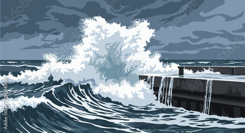 Crashing ocean wave against a concrete pier under a stormy sky