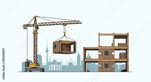 Crane lifts wooden construction module onto multi-story building framework