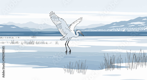 Crane descending onto icy water with distant snow-capped mountains