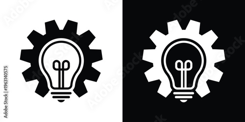 Creative concept icon featuring a lightbulb inside a mechanical gear. Represents innovation, technical thinking, engineering ideas, and industrial problem-solving solutions.
