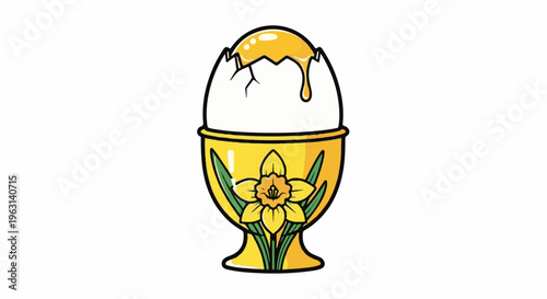 Cracked egg with yellow yolk dripping into a decorative gold egg cup