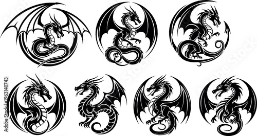 Dragon Silhouettes Set – Fierce Flying and Coiled Designs in Circular Frames