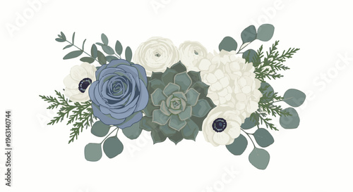 Delicate pastel bouquet with rose, succulent, anemones, eucalyptus
