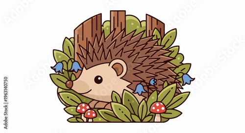 Cute hedgehog peeking through green leaves, blue flowers, and mushrooms