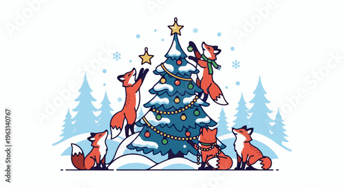 Cute foxes decorate a snowy Christmas tree in a winter forest setting