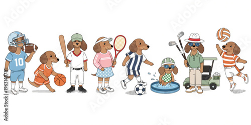 Set of funny cartoon dachshund cute animals in playful sports vector style featuring smiling characters for kids toy illustration collection